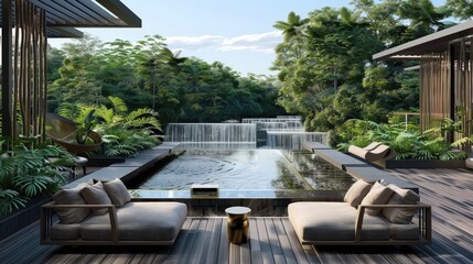 Fototapeta premium A luxurious terrace lounge featuring a modern water feature, plush seating, and a serene view of a peaceful river surrounded by greenery.