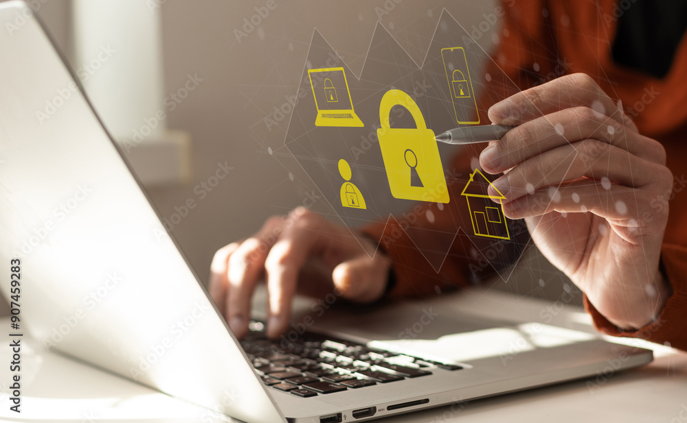 Poster businessman use a laptop to login by password with virtual screen of padlock, security of private. t
