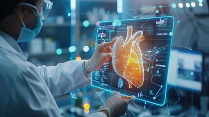 Doctor holding virtual interface with analysis of Liver hologram  checks the test result on the virtual interface  and analyzes the data. Liver disease  donation  innovative technologies  medicine