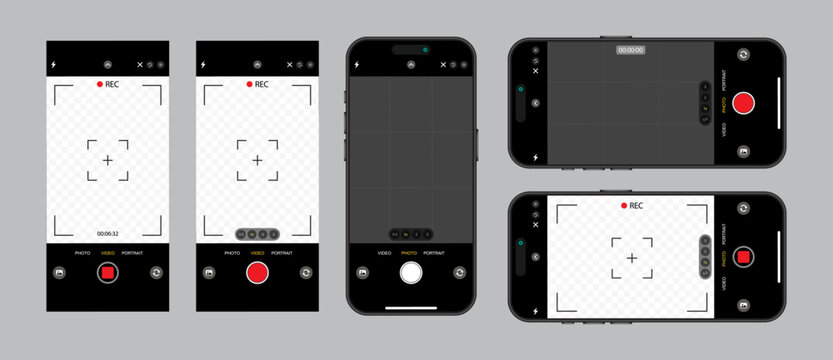 Horizontal and vertical photo camera on screen of Smartphone with interface. Viewfinder, Grid, Buttons, Lights, and Focus Controls in Mobile Photography Apps. Vector