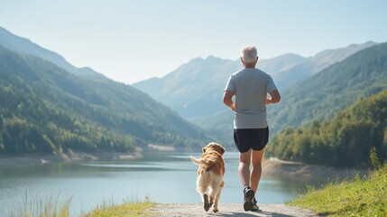 Happy elderly man jogging with a dog along the rustic countryside. Senior activity concept. 