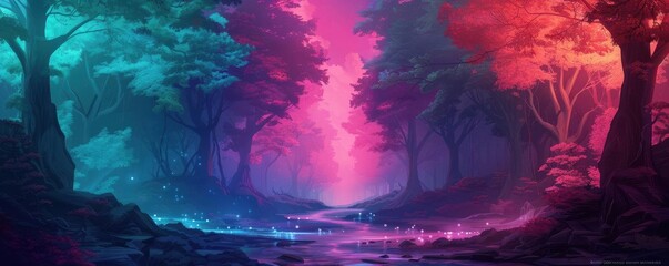 A breathtaking rear view of a fantasy forest bathed in vibrant