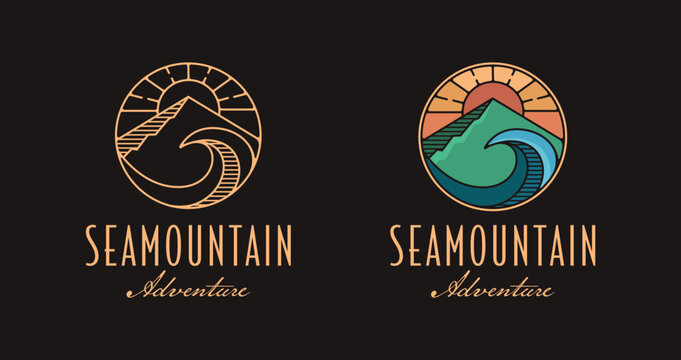 Outdoor adventure travel logo with sun, sea wave and mountain landscape design vector on white background - Powered by Adobe