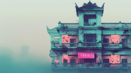 Frontal perspective of a luxurious yet decaying building