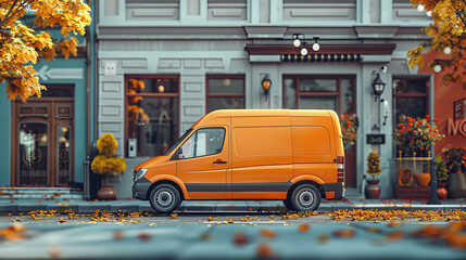 Orange delivery van parked in urban street autumn theme transportation