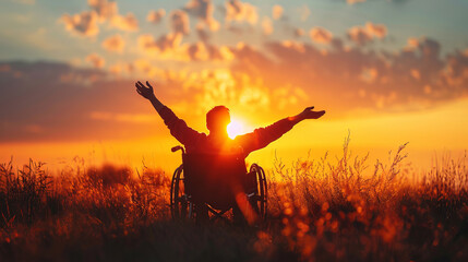 Man in wheelchair celebrating sunset freedom and joy concept