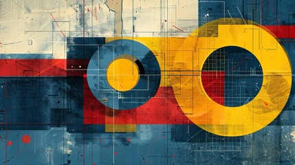 Naklejka premium A design with a central yellow circle, surrounded by blue and red geometric shapes