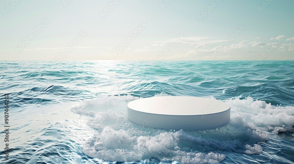 Poster empty circular pedestal on clear water with waves in sunlight abstract background for product showca