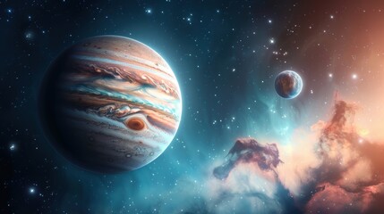A vibrant illustration depicting a colossal gas giant planet, swirling with vivid bands of atmospheric fluid dynamics, set against a backdrop of distant stars in a cosmic tableau.