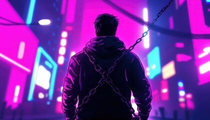 Man in chains, surrounded by broken machinery, Chained man, Industrial struggle and liberation