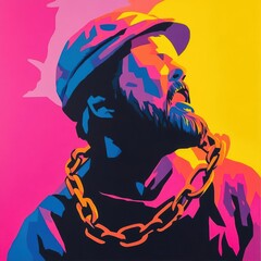 Abstract art of man entangled in chains, vibrant colors, Man in chains, Inner turmoil and conflict