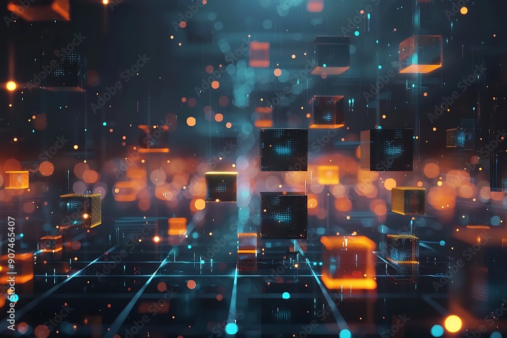 Aufkleber abstract background with glowing lights data cube technology concept. futuristic technology abstract