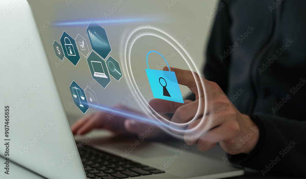 Poster businessman use a laptop to login by password with virtual screen of padlock, security of private. t