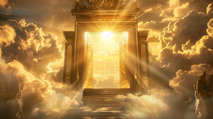 Epic golden gates of heaven with radiant sun rays and fluffy clouds, featuring an open heaven door with stairs leading upwards, creating a majestic and serene heavenly background. Ideal for spiritual 