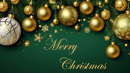 Luxury "Merry Christmas" write on green Banner with golden balls and snowflakes
