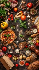 Pizza and Bread with Ingredients on Rustic Table.