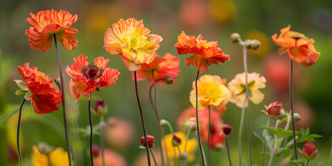Fototapeta premium Cheerful flowers in shades of orange, red, and yellow, often with ruffled petals.