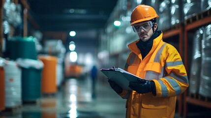 Portrait of a factory safety coordinator ensuring proper handling of hazardous materials