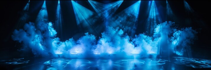 Sharp image of an illuminated stage with blue lights and swirling smoke against a deep black