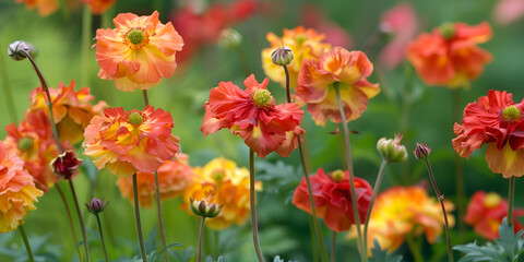 Fototapeta premium Cheerful flowers in shades of orange, red, and yellow, often with ruffled petals.