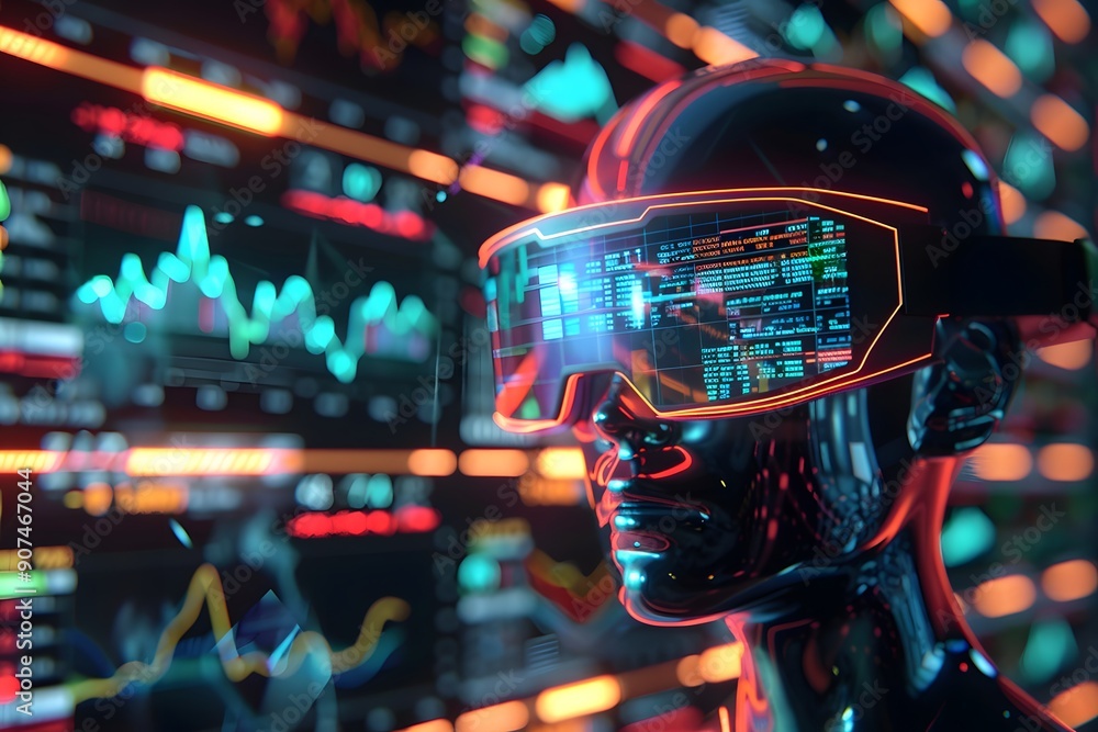 Poster vr background with lots of lights. virtual reality interface showing stock market chart