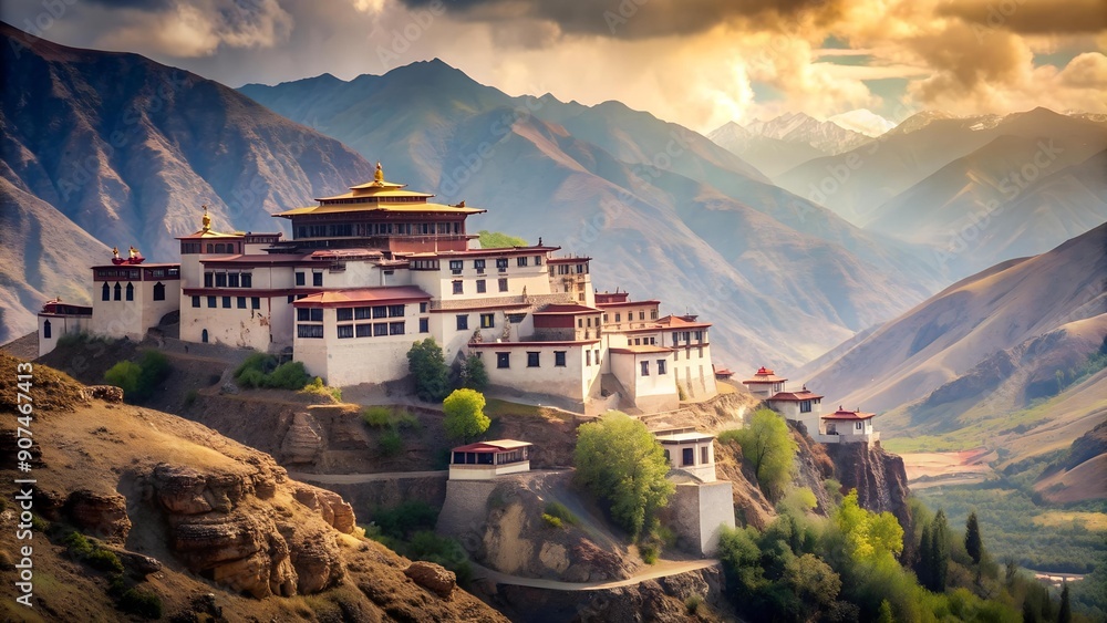 Poster tranquility in the mountains: a visual depiction of a buddhist monastery's serene setting generative