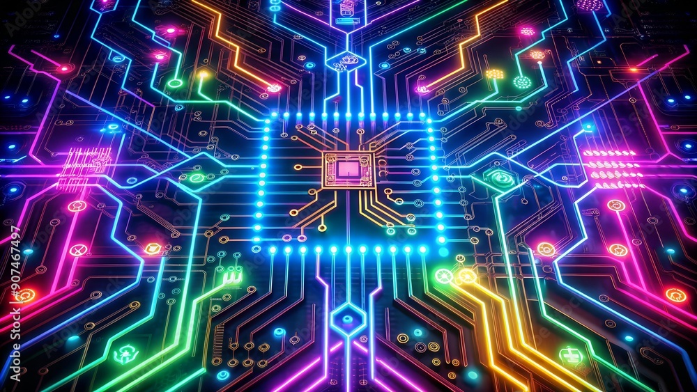 Poster neon circuitry symphony: a cyberpunk tapestry of light and data ai generated