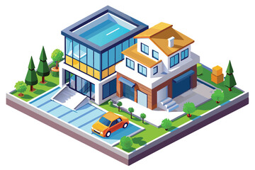 Isometric Illustration of a Modern House with a Pool and Yard