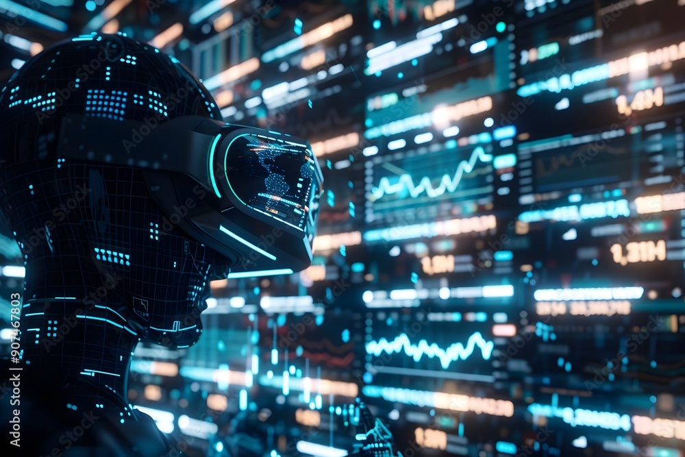 Poster vr background with lots of lights. virtual reality interface showing stock market chart