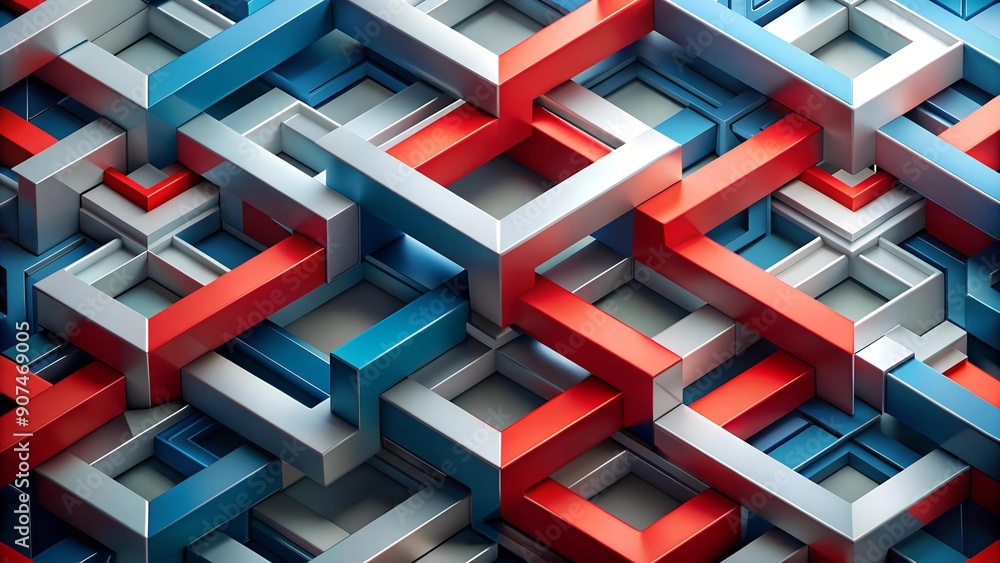 Poster interlocking geometric forms in a symphony of red, blue, and gray generative ai