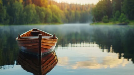 A small wooden rowboat on a calm lake with reflections of surrounding trees.