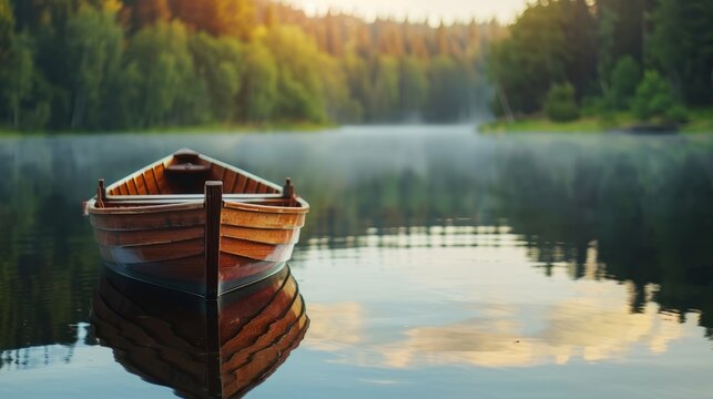 A small wooden rowboat on a calm lake with reflections of surrounding trees.