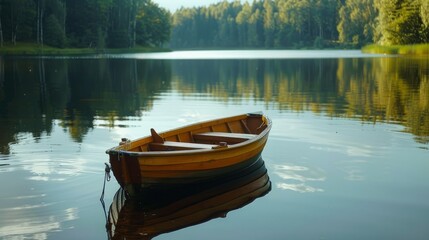 Obraz premium A small wooden rowboat on a calm lake with reflections of surrounding trees.
