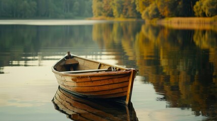 Obraz premium A small wooden rowboat on a calm lake with reflections of surrounding trees.
