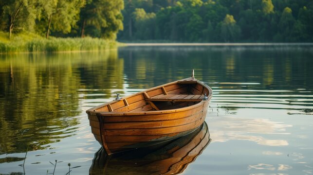 A small wooden rowboat on a calm lake with reflections of surrounding trees.