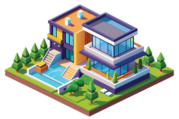 Isometric View of a Modern House with a Swimming Pool and Landscaping