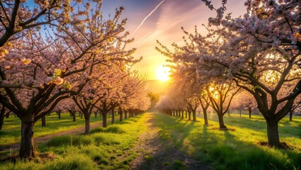 The Golden Hour Orchard: A Tapestry of Sunlight and Blossoms  Generative AI
