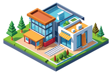 Isometric View of a Modern House with a Pool and Lush Landscaping