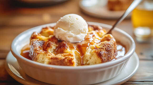 Classic bread pudding with a caramel drizzle and a scoop of vanilla ice cream served in a white bowl comforting dessert