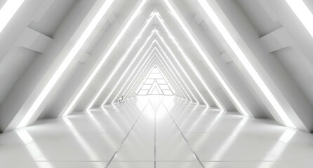 Fototapeta premium white futuristic background with long corridor and glowing lights in the form of triangle on white wall. Abstract sci-fi interior design for presentation, banner or cover. Space station concept 
