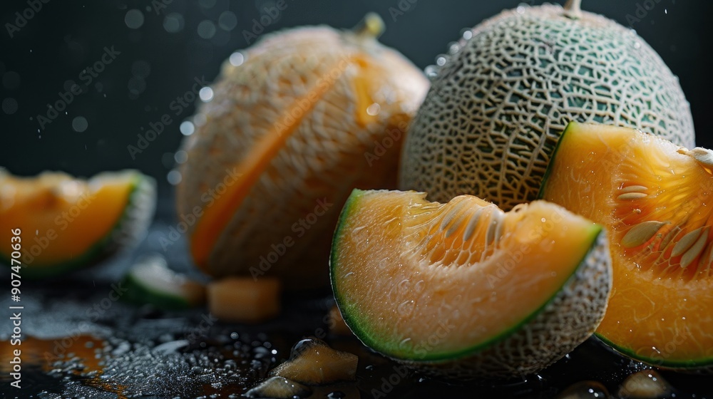 Poster a close up of a melon with a slice missing