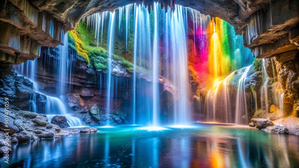 Poster prismatic waterfall cascading through a crystal cave generative ai
