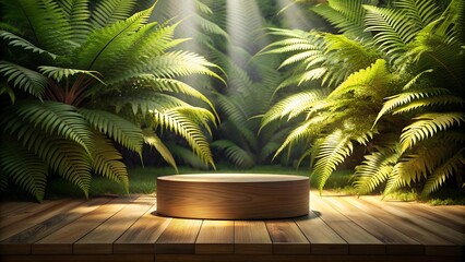 Obraz premium Sun-Dappled Wooden Podium Amidst Lush Ferns Generative AI