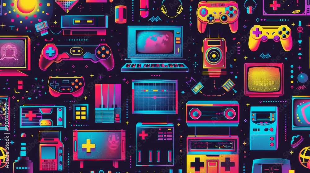 Poster colorful retro vector pattern design with geometric shapes for seamless tech decoration