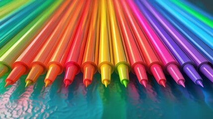 3d A set of colorful felt-tip pens arranged in a rainbow pattern on an artist's canvas