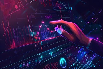 A hand pointing at a futuristic digital interface with graphs, charts, and glowing data points against a dark, starry background