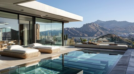 Fototapeta premium A modern terrace lounge with a glass-bottom pool, chic daybeds, and a breathtaking view of a mountain range under a clear, azure sky.