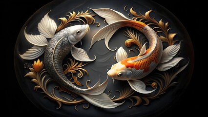 Harmony in Black and Gold: A Yin Yang Koi Fish Amidst Golden Florals  AI Generated