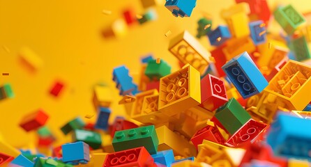A colorful of bricks floating in the air, creating abstract and playful composition on yellow background create visual depth evoking fun, creative feelings. children's toys and building blocks.