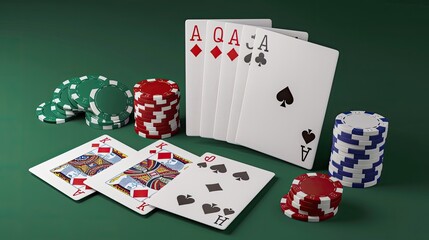 Poker set with isolated cards on a green background. Poker cards  full deck. Realistic 3d vector illustration isolate white background